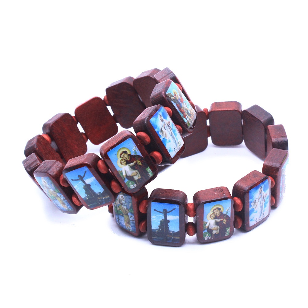 Thick Wood Chip Icon Drop Oil Sticker Block Bracelet Rosary Bracelet Holy Father Holy Mother Religious Accessories Christian Articles