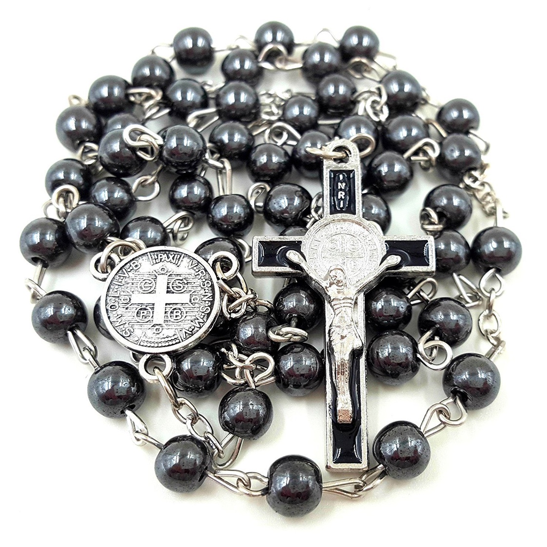 Religion Catholic Rosary6mm Non-Magnetic Black Gallstone Cross Rosary Beads Necklace Jewelry