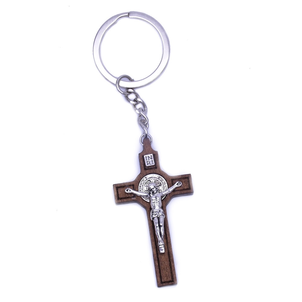 Wooden St. Benedict Keychain Pendant Key Shape Ring Ring Ornament Religious Pilgrimage Shrine Souvenir