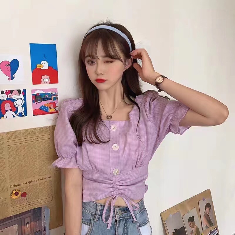 时尚小清新格子抽绳上衣