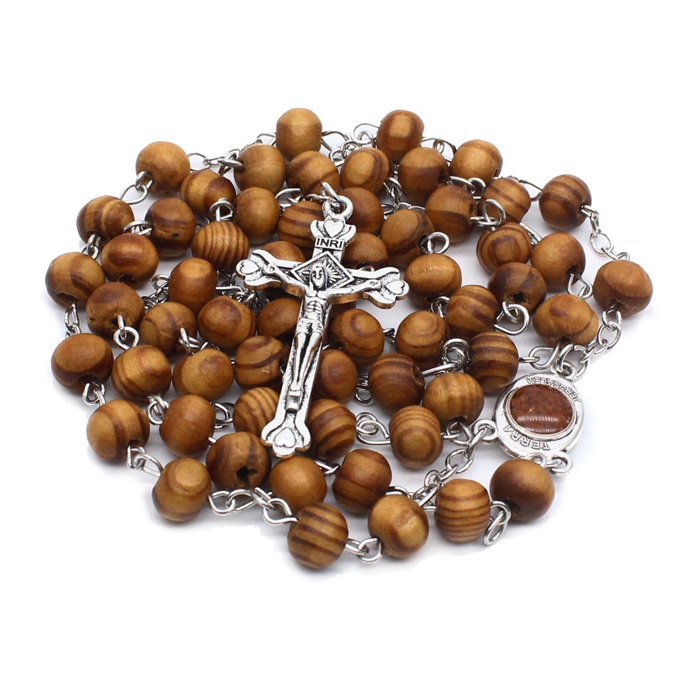 Pure Handmade Curved Needle Rosary Necklace Wooden Bead Cross Religion Christian Catholic Jewelry Rosary Beads