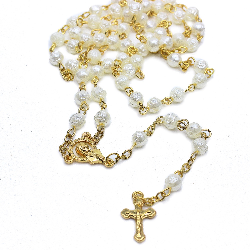 Golden rose rosary necklace, rose bead religious cross, Catholic jewelry details Picture