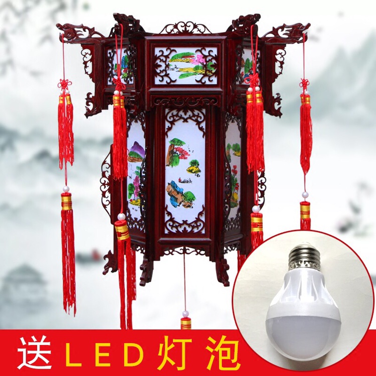 Second-floor wood-carved palace lanterns, antique Chinese solid wood palace lanterns, outdoor waterproof sheepskin red lanterns, advertising tea house lamps, balcony wooden chandeliers