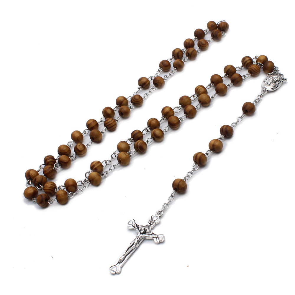 Pure Handmade Curved Needle Rosary Necklace Wooden Bead Cross Religion Christian Catholic Jewelry Rosary Beads Specification drawing