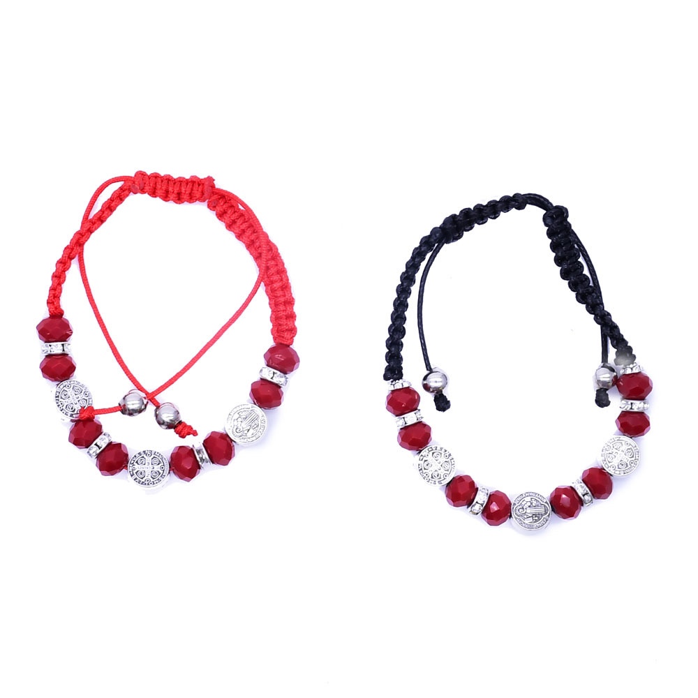 Handmade Chinese knot-tied red Saint Benedict rosary cross bracelet