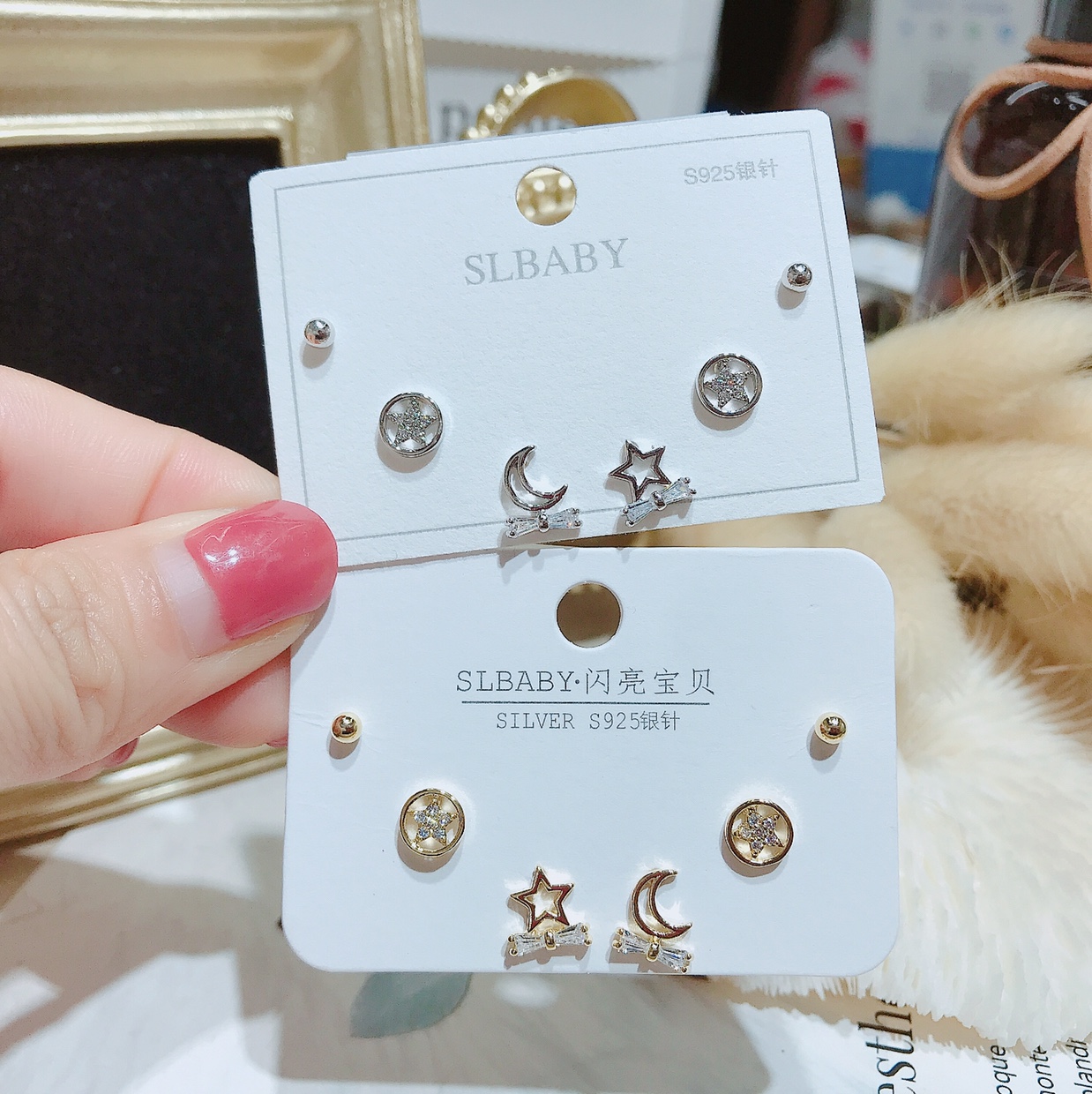 S925 silver needle five-pointed star moon earring stud thumbnail