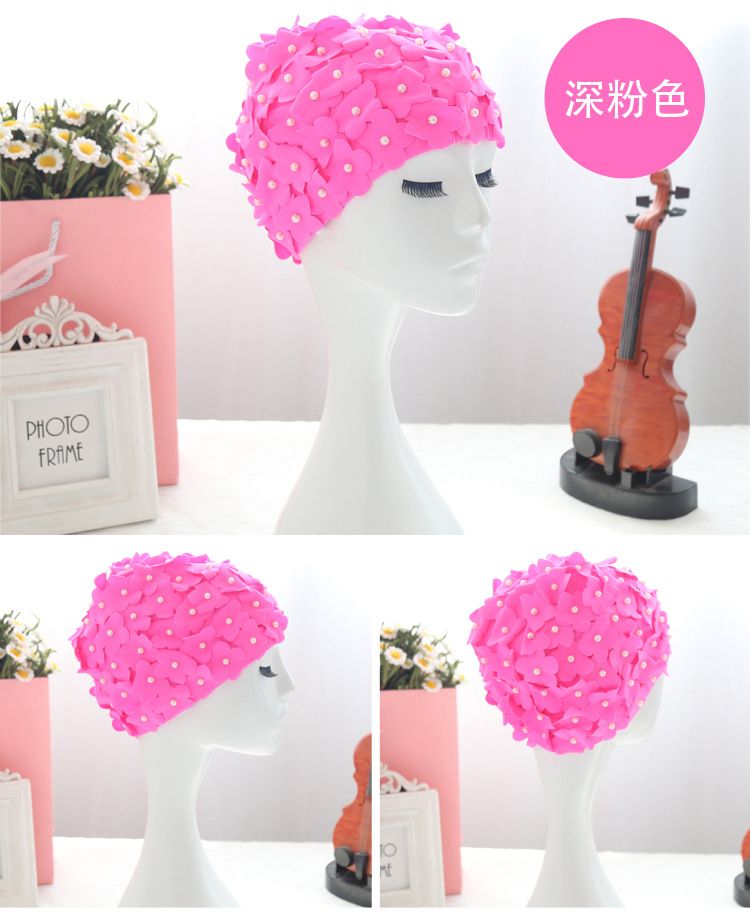 时尚花朵花瓣珍珠游泳帽纯手工立体花朵珍珠女士布泳帽详情图16
