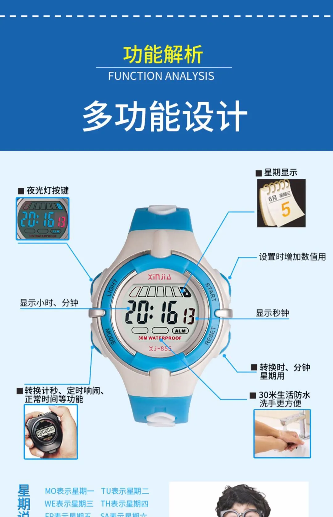 Children's watches, electronic watches for boys and girls, waterproof for daily life, digital sports watches for students, luminous for boys and girls detail image 7