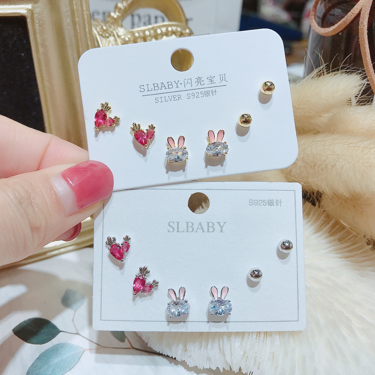 S925 silver needles rabbit carrot with many pairs of ear studs thumbnail