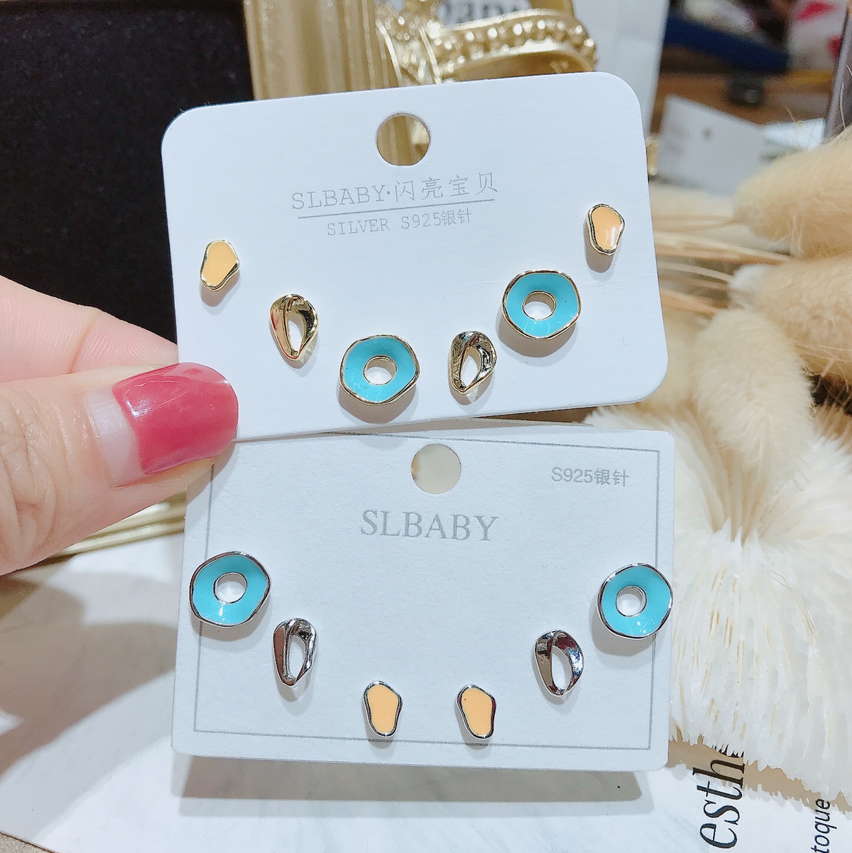 S925 silver needle fashion color multi-pair stud earrings thumbnail