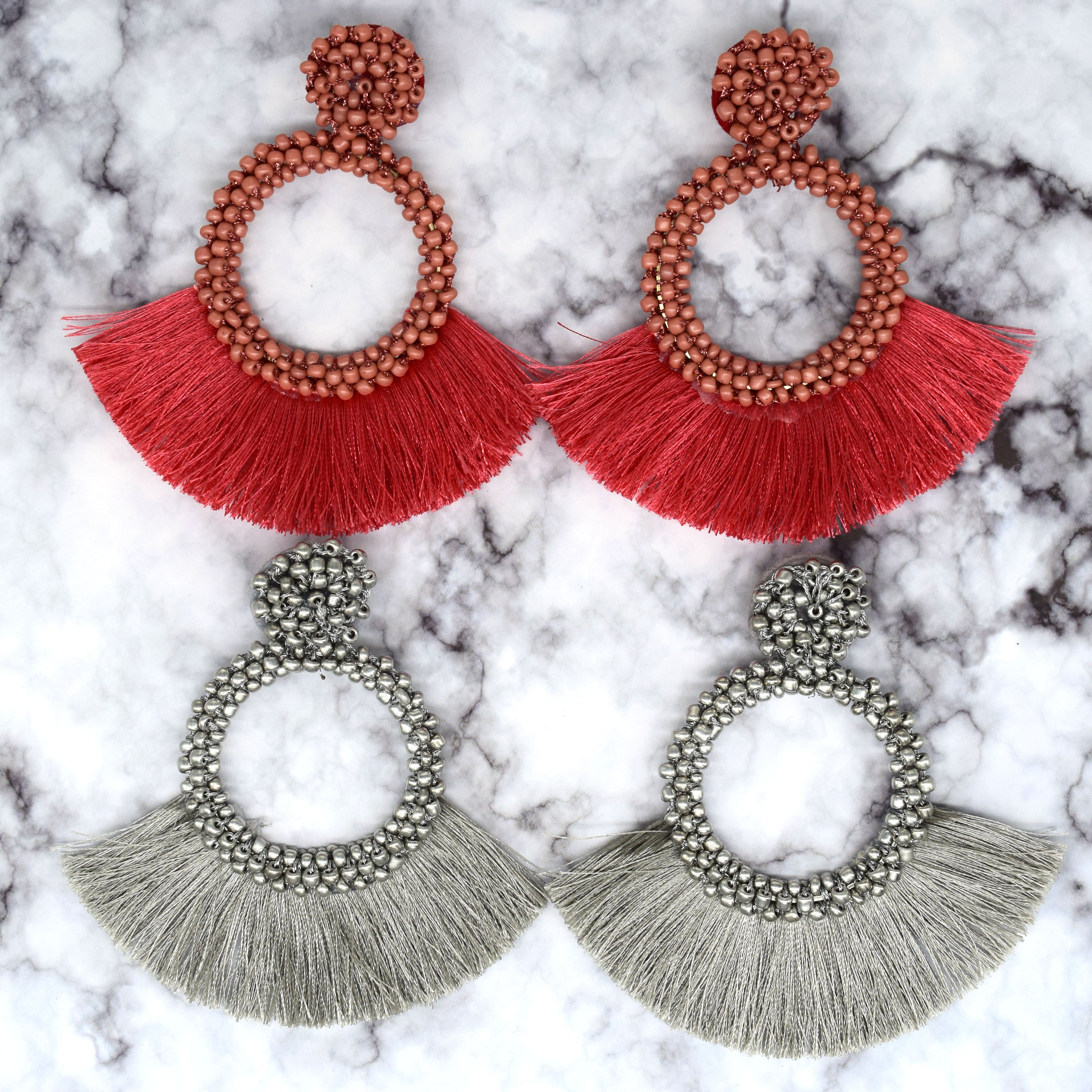 Cross-border European and American style Bohemian style exaggerated handcrafted rice bead tassel earrings, AliExpress best-selling earrings detail image 1