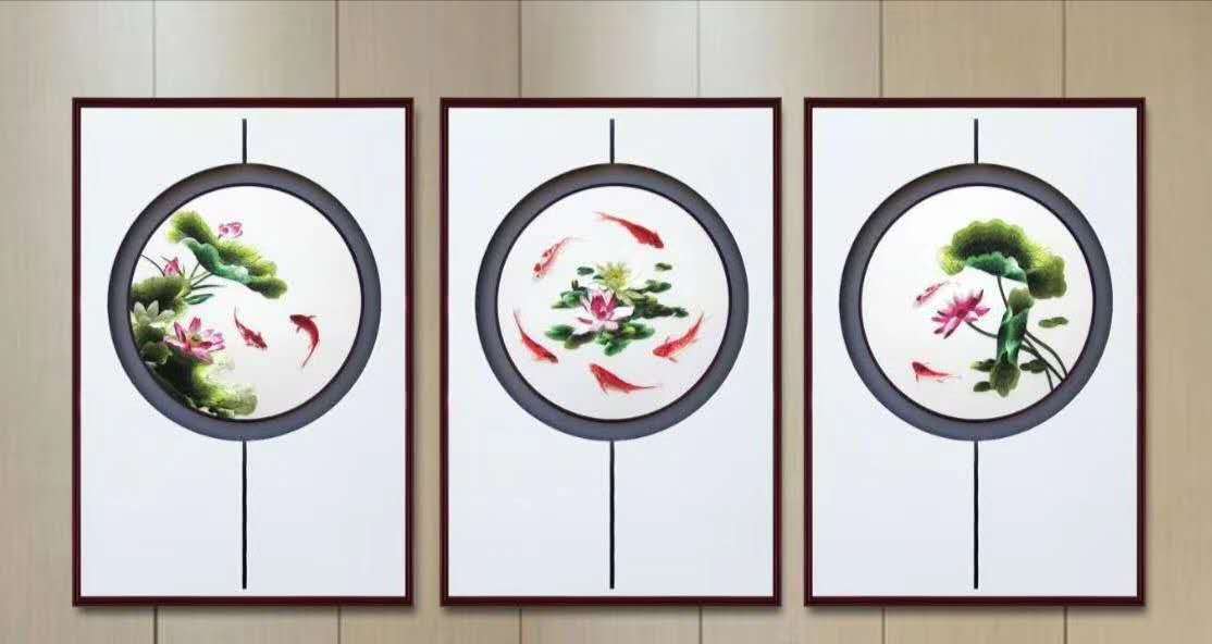 55*75 New Frame Frame Embroidery New Chinese Three-Dimensional Embroidery Silk Thread Embroidery Living Room Study Triptych undefined