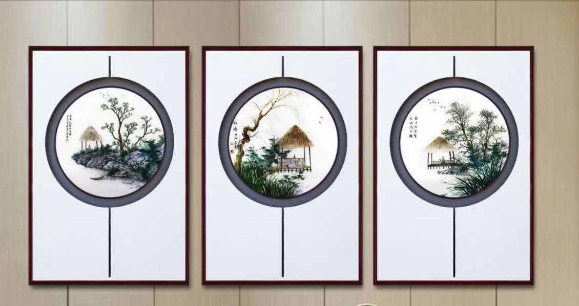 55*75 New Frame Frame Embroidery New Chinese Three-Dimensional Embroidery Silk Thread Embroidery Living Room Study Triptych Application Scenario