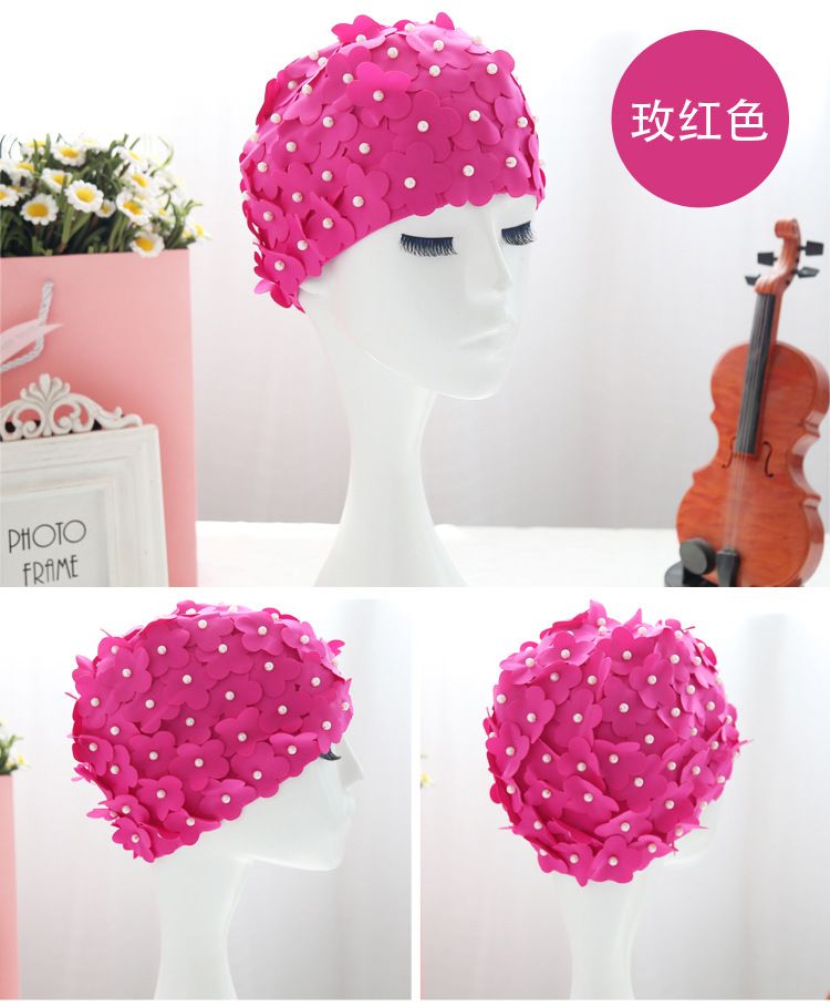 时尚花朵花瓣珍珠游泳帽纯手工立体花朵珍珠女士布泳帽详情图17