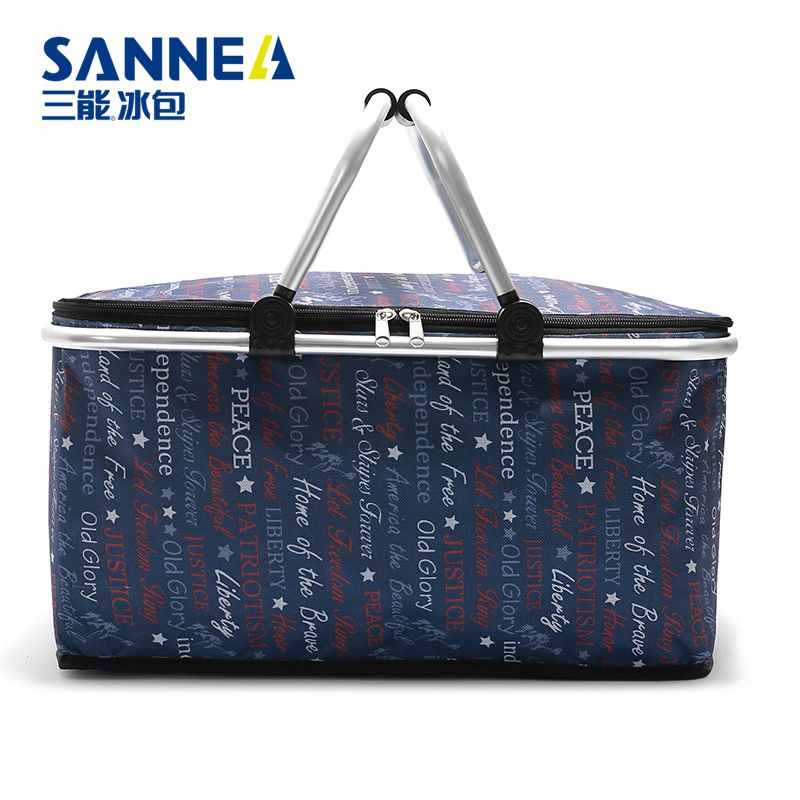 New Oxford cloth waterproof and heat-insulating basket, outdoor picnic hand-held bento bag, portable aluminum frame folding ice pack Item Picture