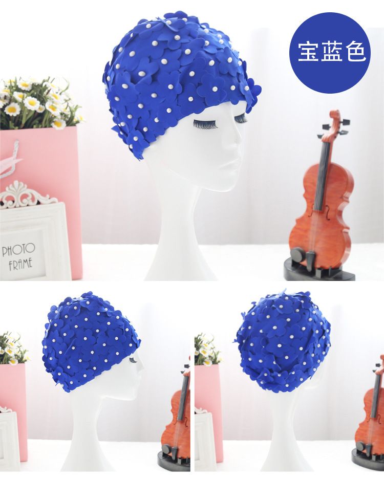 时尚花朵花瓣珍珠游泳帽纯手工立体花朵珍珠女士布泳帽详情图18
