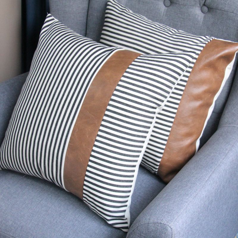 Light luxury sofa cushions and throw pillows, modern and simple pu leather spliced Nordic ins style home backrest pillowcases details Picture
