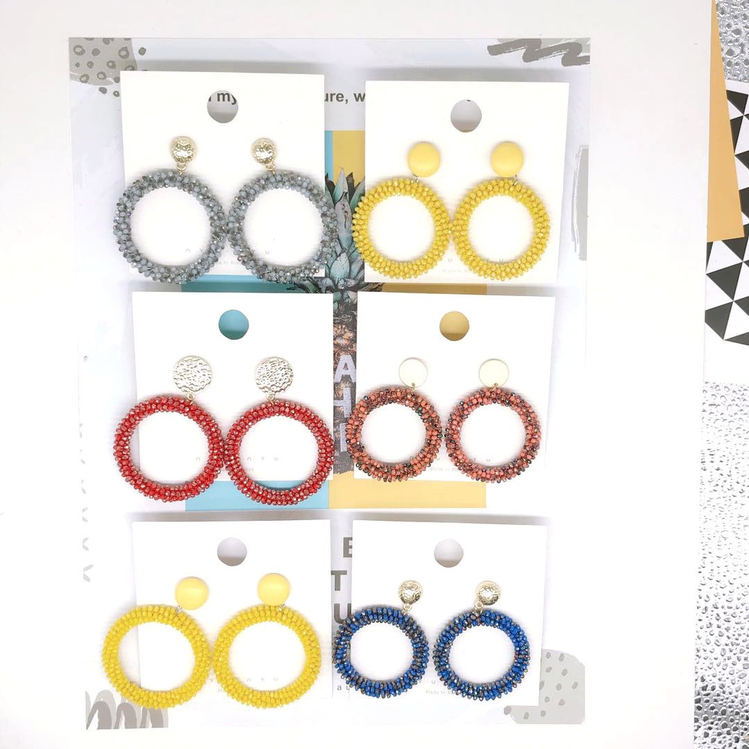 Cross-border exclusive spring and summer new fashionable pure handcrafted crystal round earrings, stylish and elegant ladies