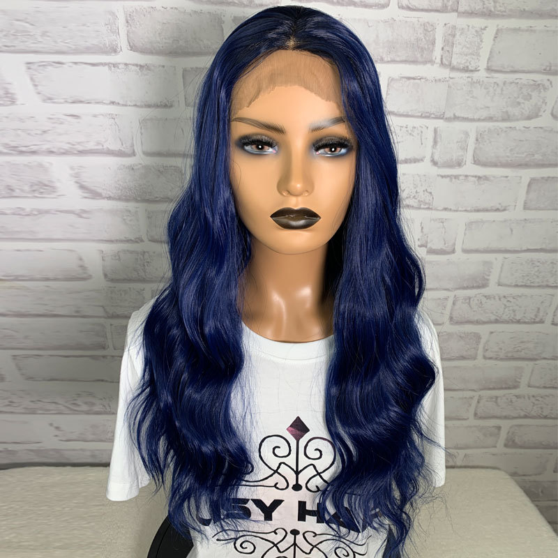 Amazon gradual blue front lace wig cover European and American wig women large wavy long curly hair