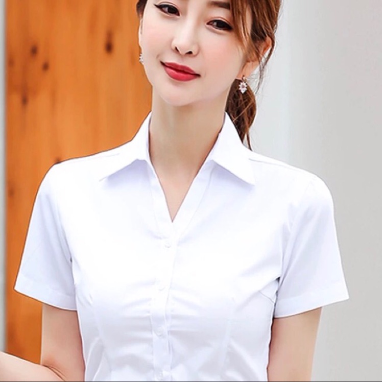 V-neck white shirt, women's professional attire, short-sleeved work clothes, summer Korean style, elegant inch shirt, slim fit, no need for ironing, white shirt Specification image