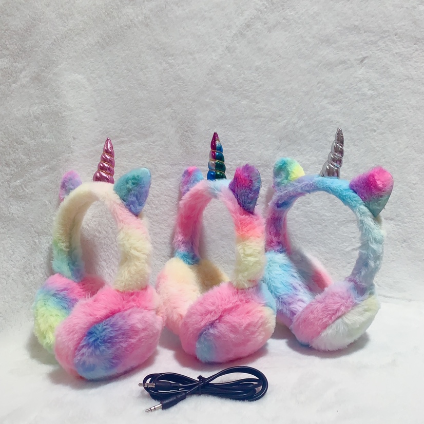 独角兽七彩虹毛保暖头戴式卡通耳机图