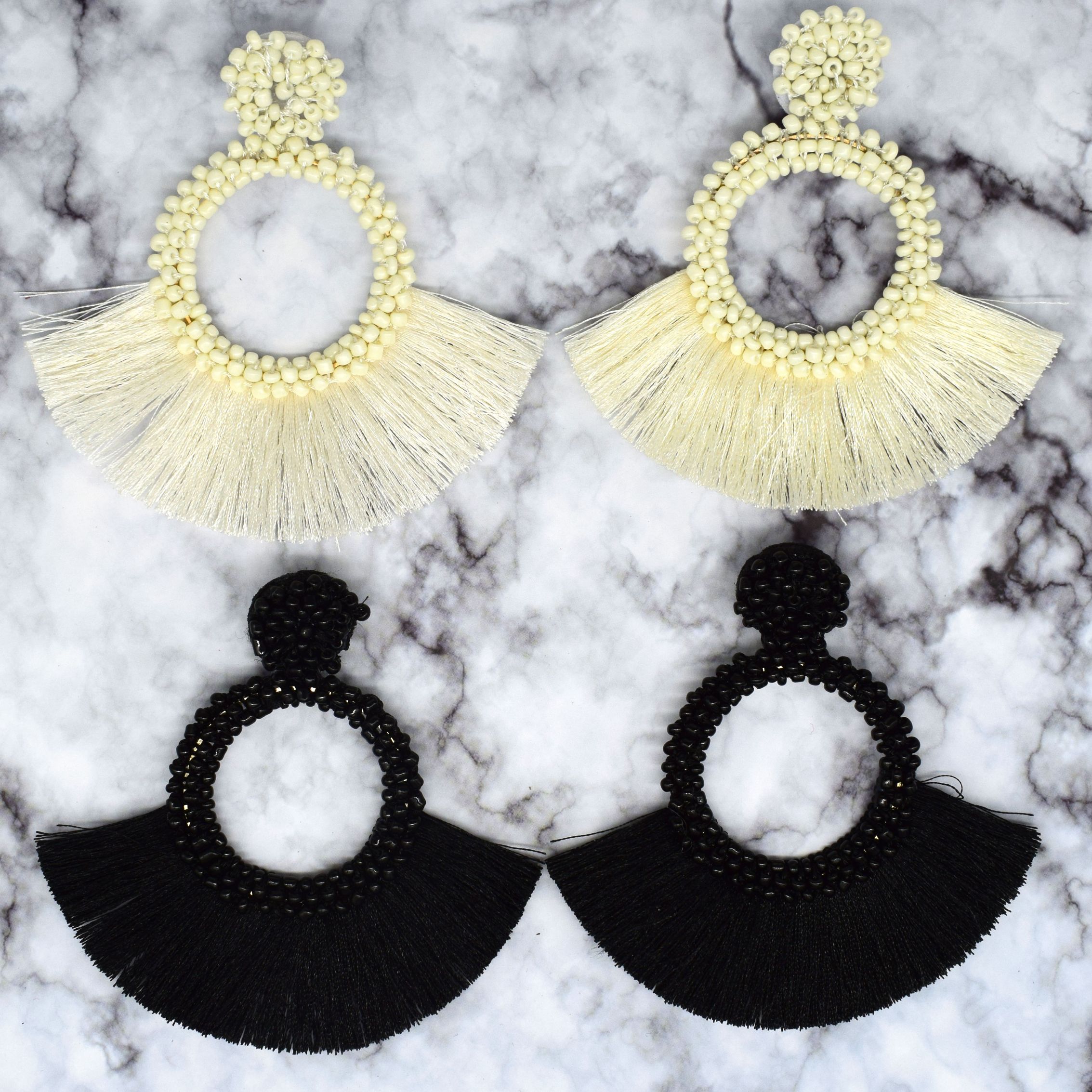 Cross-border European and American style Bohemian style exaggerated handcrafted rice bead tassel earrings, AliExpress best-selling earrings