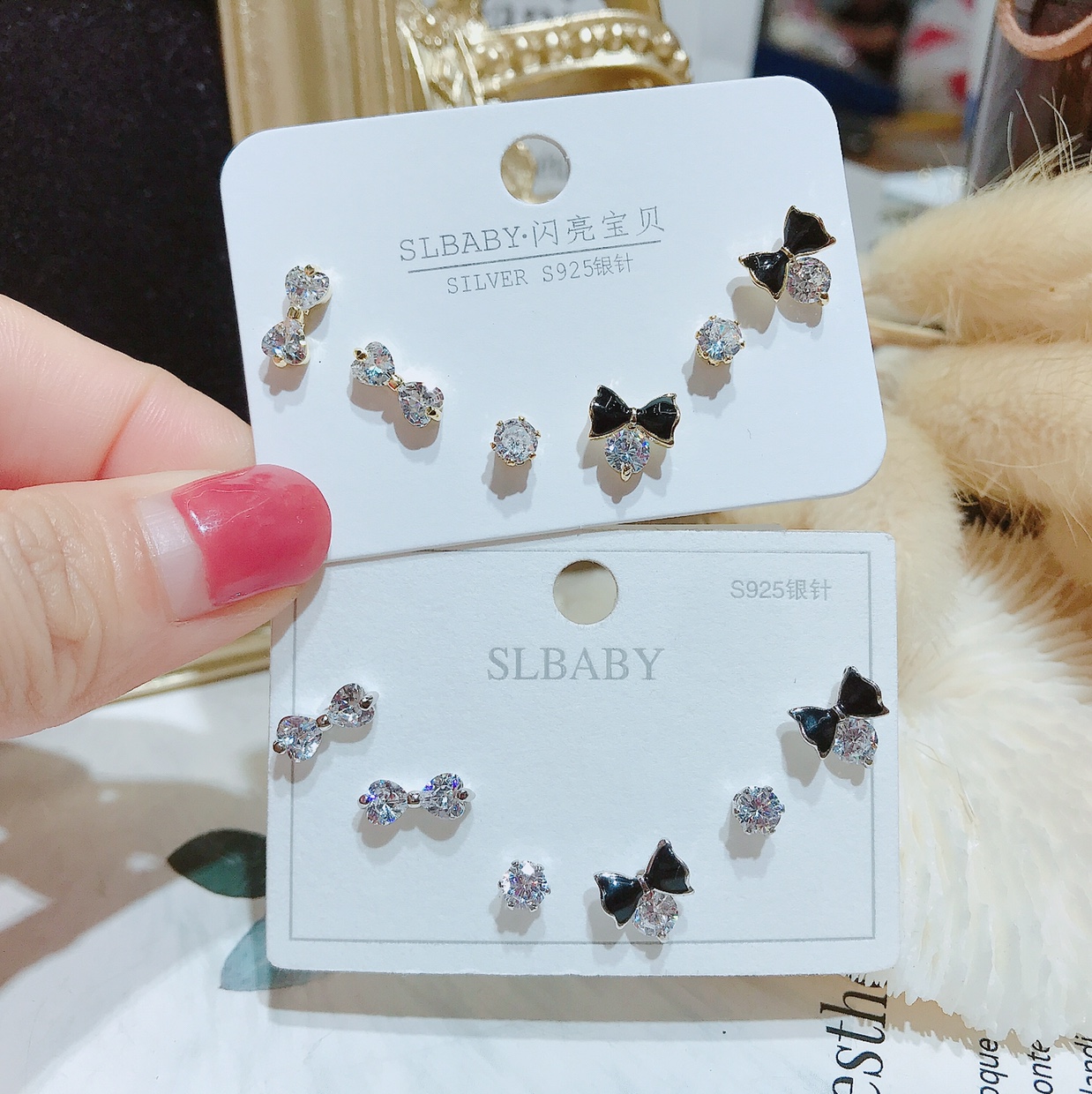S925 silver needle bow stud earrings thumbnail