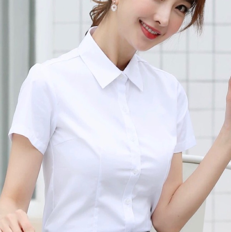V-neck white shirt, women's professional attire, short-sleeved work clothes, summer Korean style, elegant inch shirt, slim fit, no need for ironing, white shirt details Picture