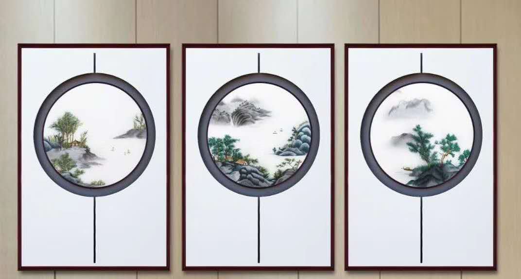 55*75 New Frame Frame Embroidery New Chinese Three-Dimensional Embroidery Silk Thread Embroidery Living Room Study Triptych Specification drawing