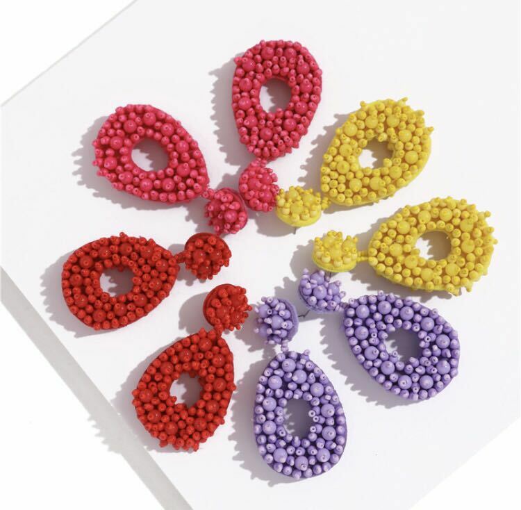 Factory direct sales of rice bead teardrop earrings, oval-shaped exaggerated retro pure handcrafted earrings, rice bead teardrop-shaped earrings detail image 1