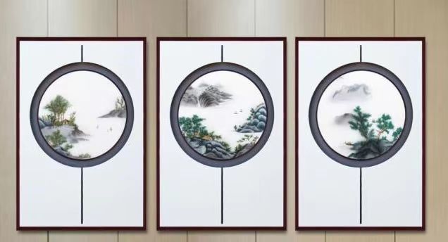 55*75 New Frame Frame Embroidery New Chinese Three-Dimensional Embroidery Silk Thread Embroidery Living Room Study Triptych