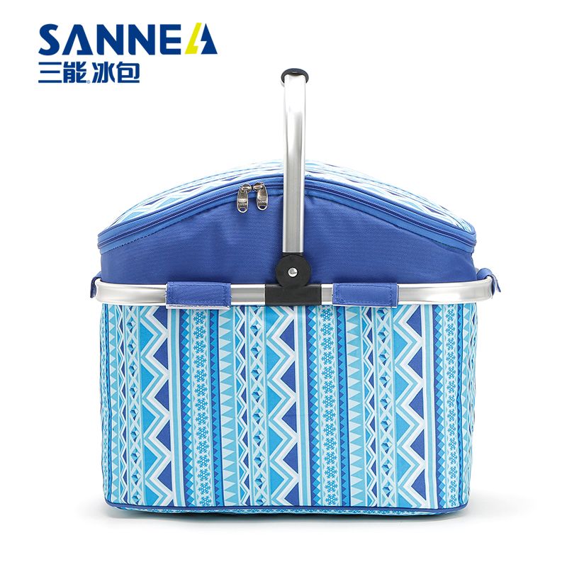 Wholesale of new striped aluminum film hand-held shopping baskets, 26L Oxford cloth large-capacity insulated and cold-proof outdoor picnic baskets details Picture