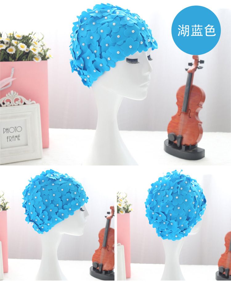 时尚花朵花瓣珍珠游泳帽纯手工立体花朵珍珠女士布泳帽详情图19