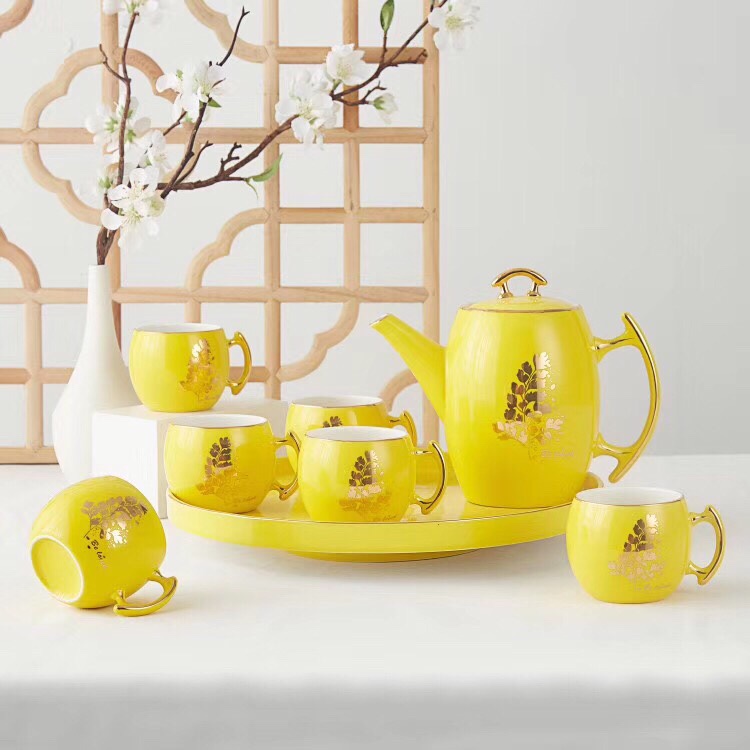 陶瓷水具茶具套装色釉黄色粉色旋转陶瓷盘8头产品图