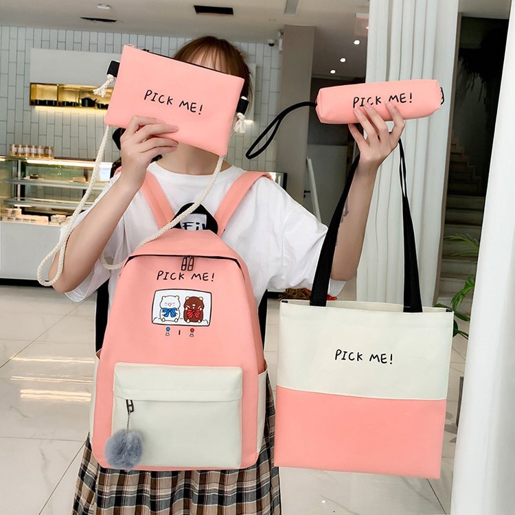 韩版ins休闲学生书包卡通图案四件套背包pick me产品图