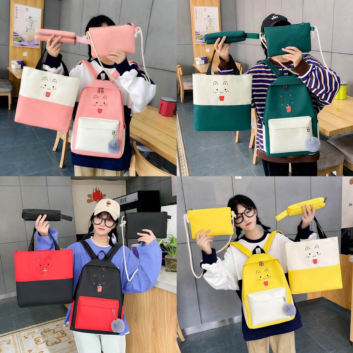 韩版ins休闲学生书包卡通猫2图案四件套背包