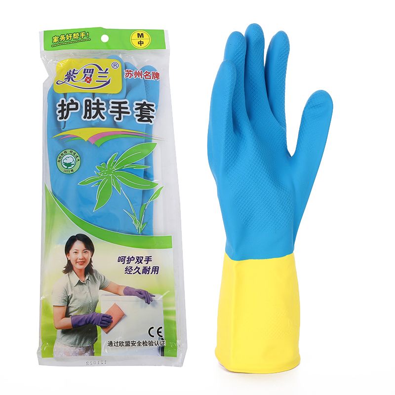 邓氏蓝黄双色防水防滑橡胶手套耐磨耐用喷绒乳胶洗碗洗衣家务手套