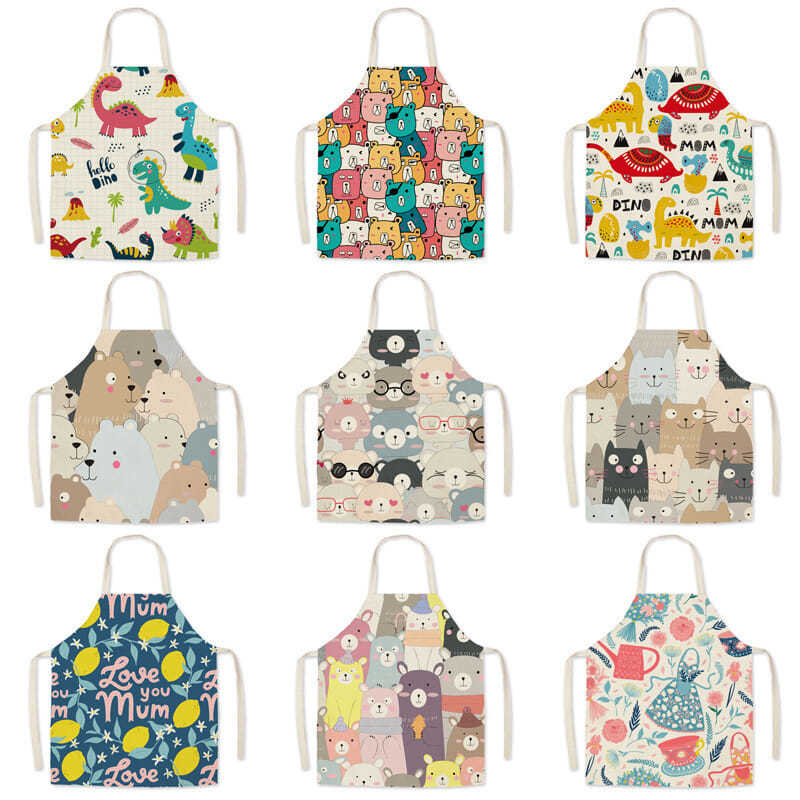 Linen fabric cartoon waterproof apron anti-oil waist parent-child kitchen adult sleeveless neck apron custom thumbnail