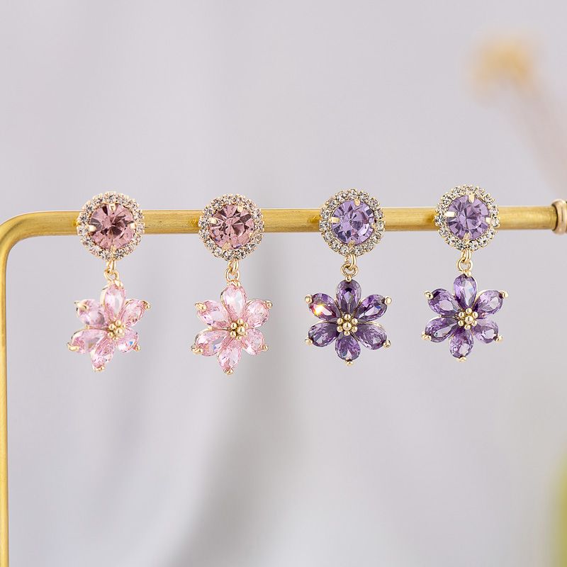 Tide 925 Silver Needle Crystal Flower Five-Petal Flower Stud Earrings Advanced Sense Of Niche Simple Everything Exquisite Fashion Era Beautiful Jewelry Specification drawing