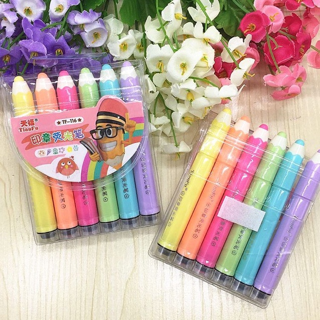 新款创意笔型带印章荧光笔6色小巧荧光笔套装小学生用品奖品