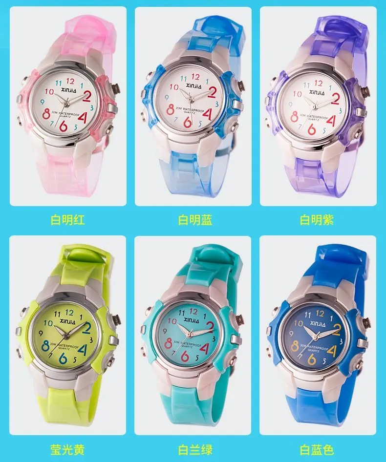 Xinjia waterproof children's watches, boys' and girls' swimming sports pointer watches, primary school students' watches, candy-colored quartz watches detail image 3