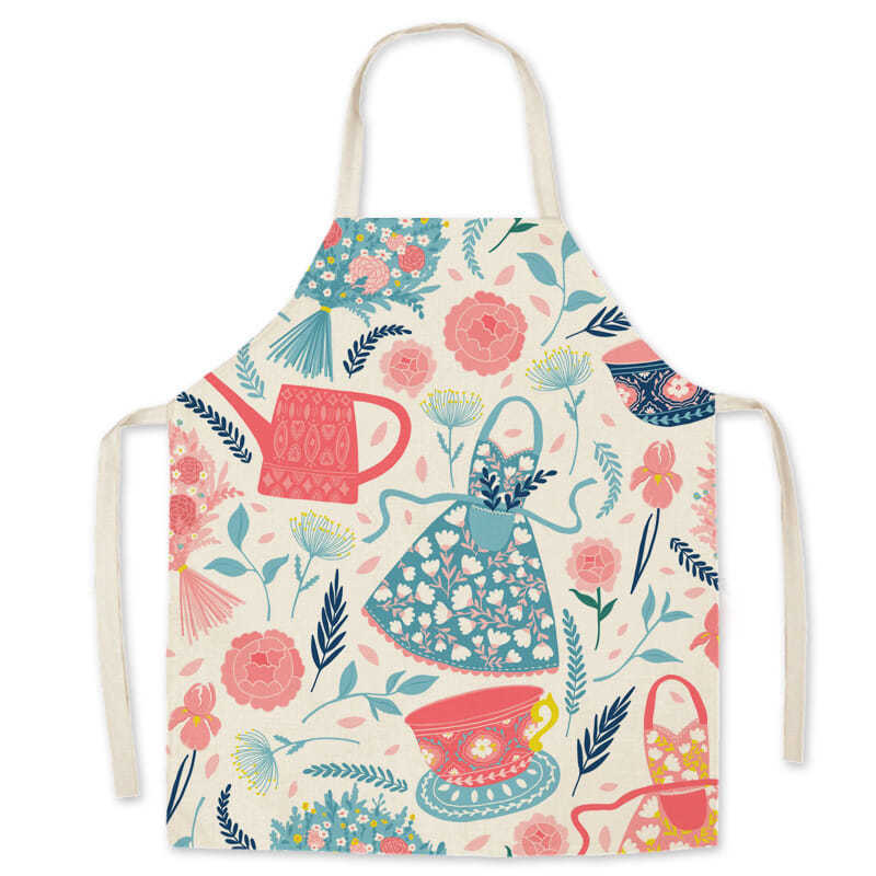 Linen fabric cartoon waterproof apron, oil-proof waistband, parent-child style kitchen adult sleeveless halter apron custom-made Application Scenario