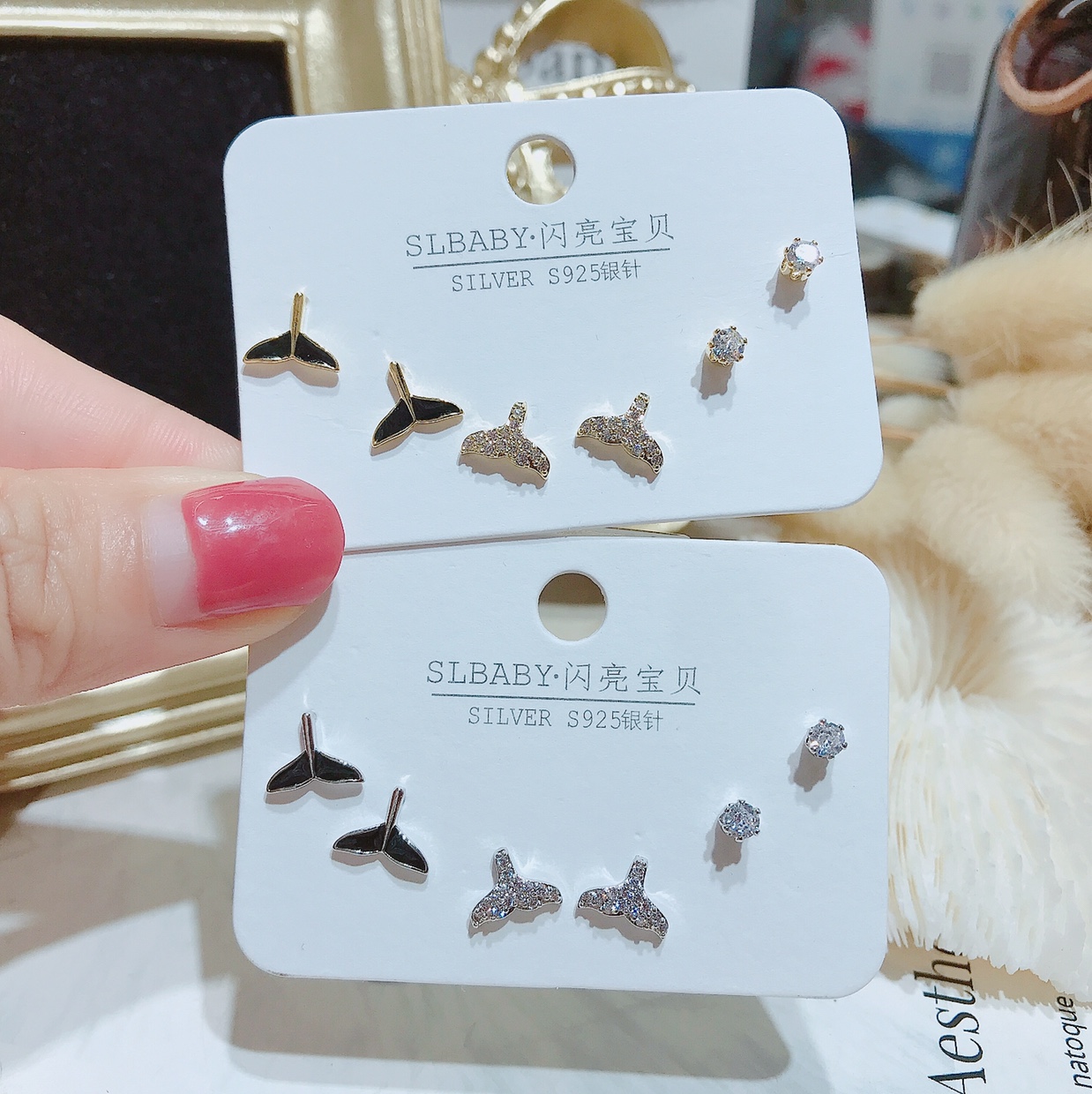S925 silver needle fishtail love many pairs of ear studs thumbnail