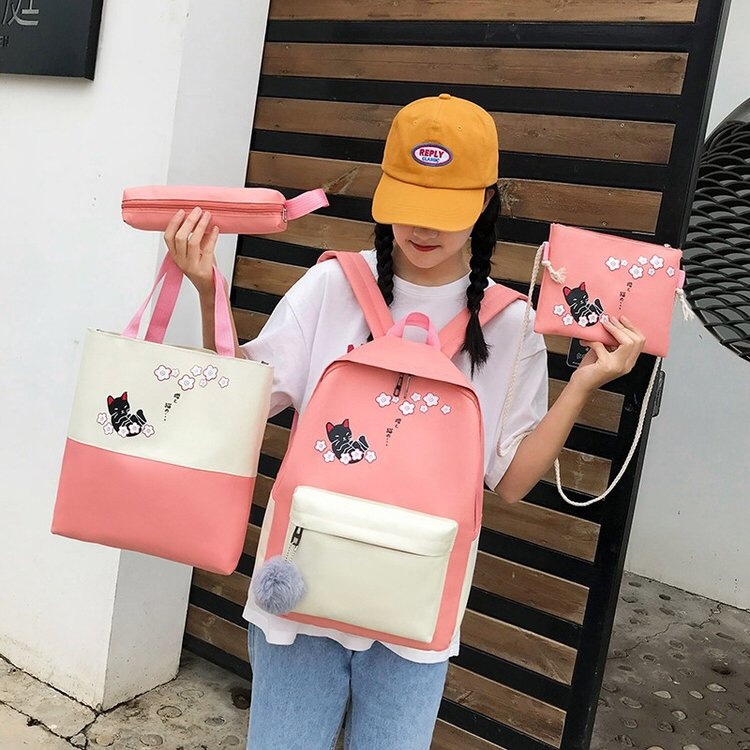 韩版ins休闲学生书包四件套背包卡通猫4图案