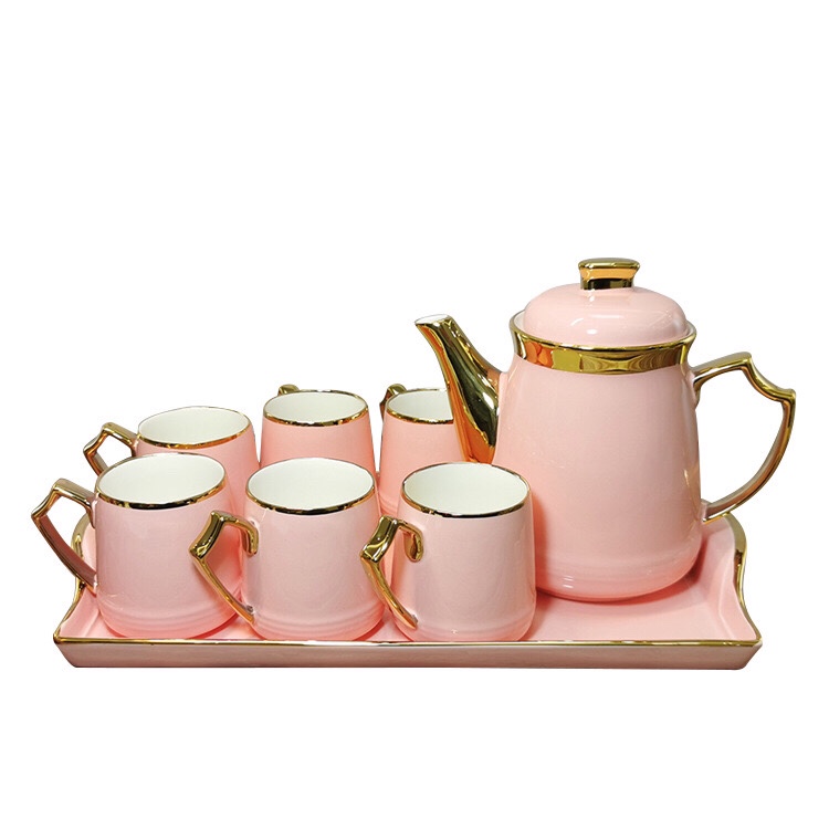 高档陶瓷镀金包金水具茶具6杯1壶1盘礼品日用百货