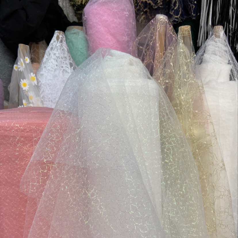 White colored mesh fabric, pink, white, yellow, green and purple headwear decorative handicrafts details Picture