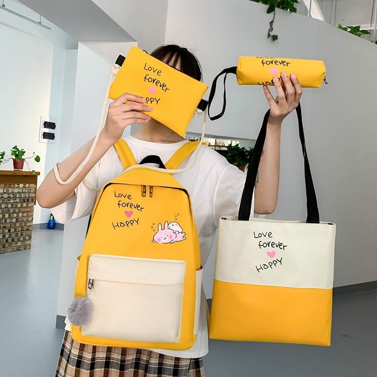 韩版ins卡通版学生书包四件套多用背包HAPPY图案详情图2