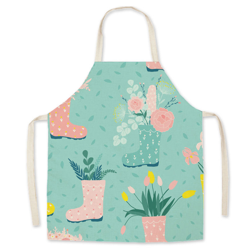 Linen fabric cartoon waterproof apron, oil-proof waistband, parent-child style kitchen adult sleeveless halter apron custom-made Specification image