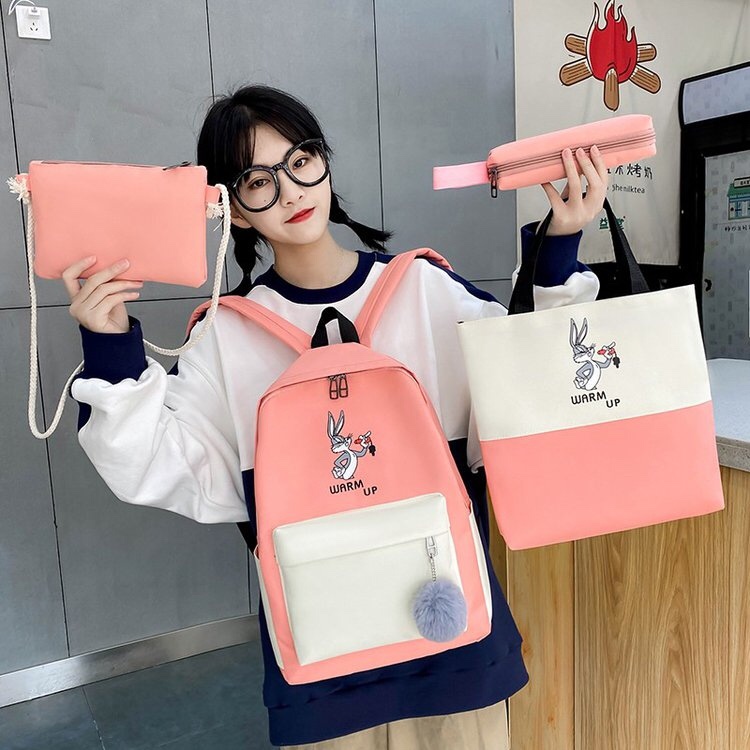 韩版休闲ins卡通兔子2图案学生书包四件套背包产品图