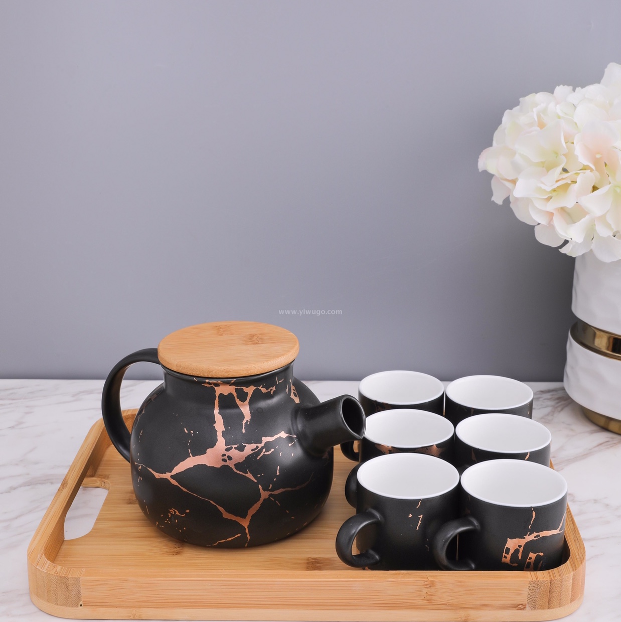 日式和风陶瓷水具礼品日用百货大理石纹杯壶盘竹木套装黑色金